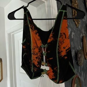 Neon bleach washed lace up crop